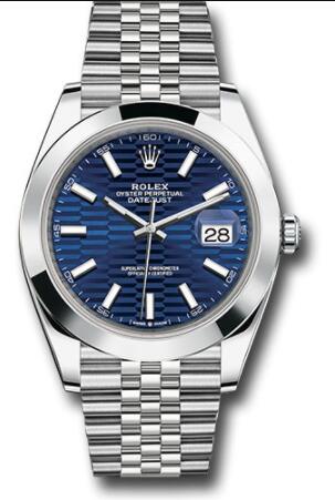 Replica Rolex Oystersteel Datejust 41 Watch 126300 Smooth Bezel Bright Blue Fluted Motif Index Dial Jubilee Bracelet